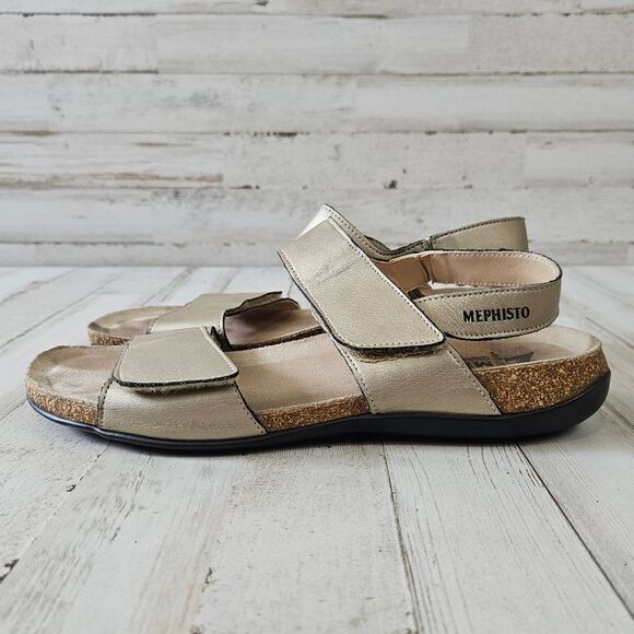 Mephisto Agave Gold Metallic Leather Comfort Air Relax Hook And Loop Sandals 40 - Picture 1 of 6
